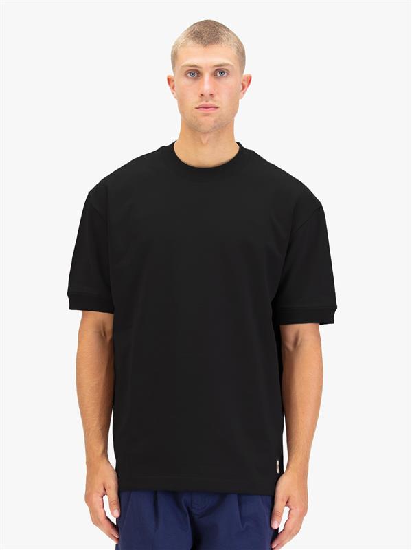 Men's black t-shirt with crew neck and short sleeves worn by a model - front view.