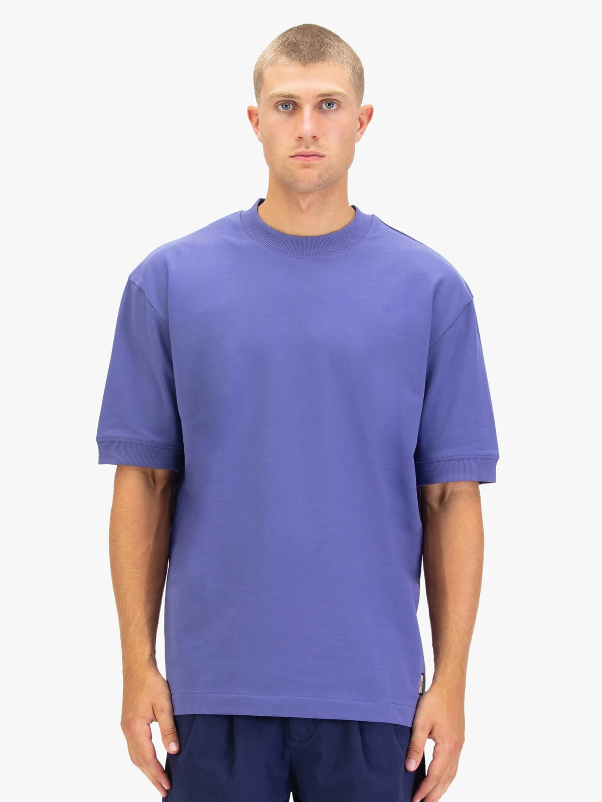 Men's purple t-shirt with crew neck and short sleeves.