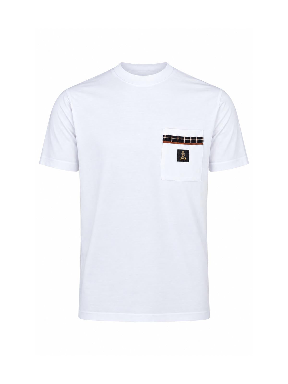 LUKE 1977 Kirk men's check pocket t-shirt in white with bi-colour woven lion head badge