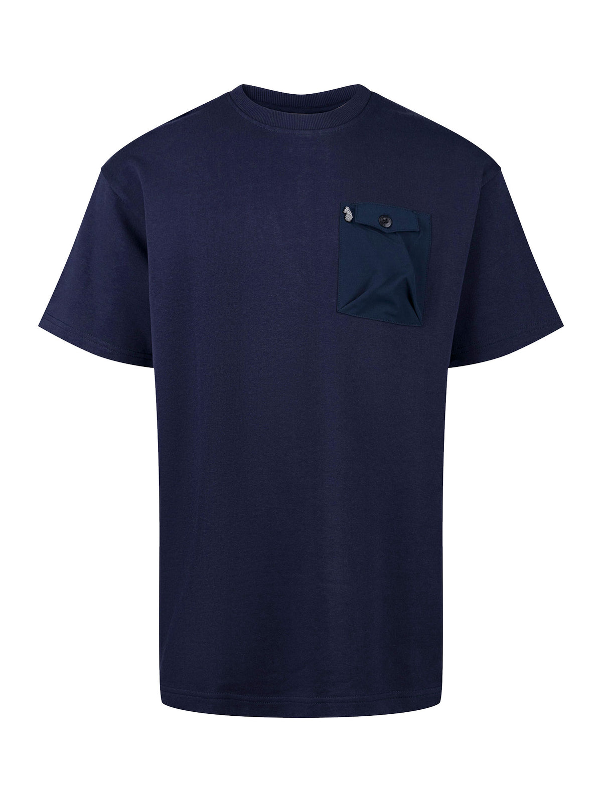 Men's navy t-shirt with crew neck and short sleeves - front view.