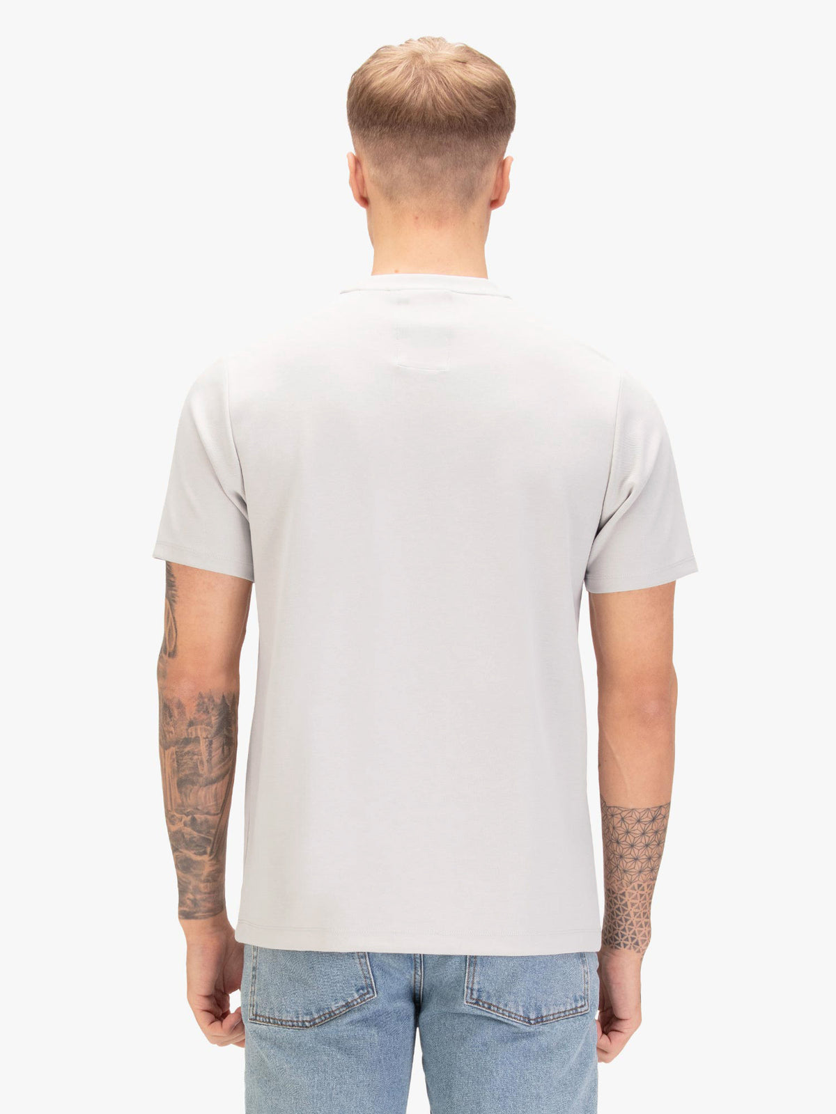 Men's grey t-shirt with crew neck and short sleeves, worn by a model, back view