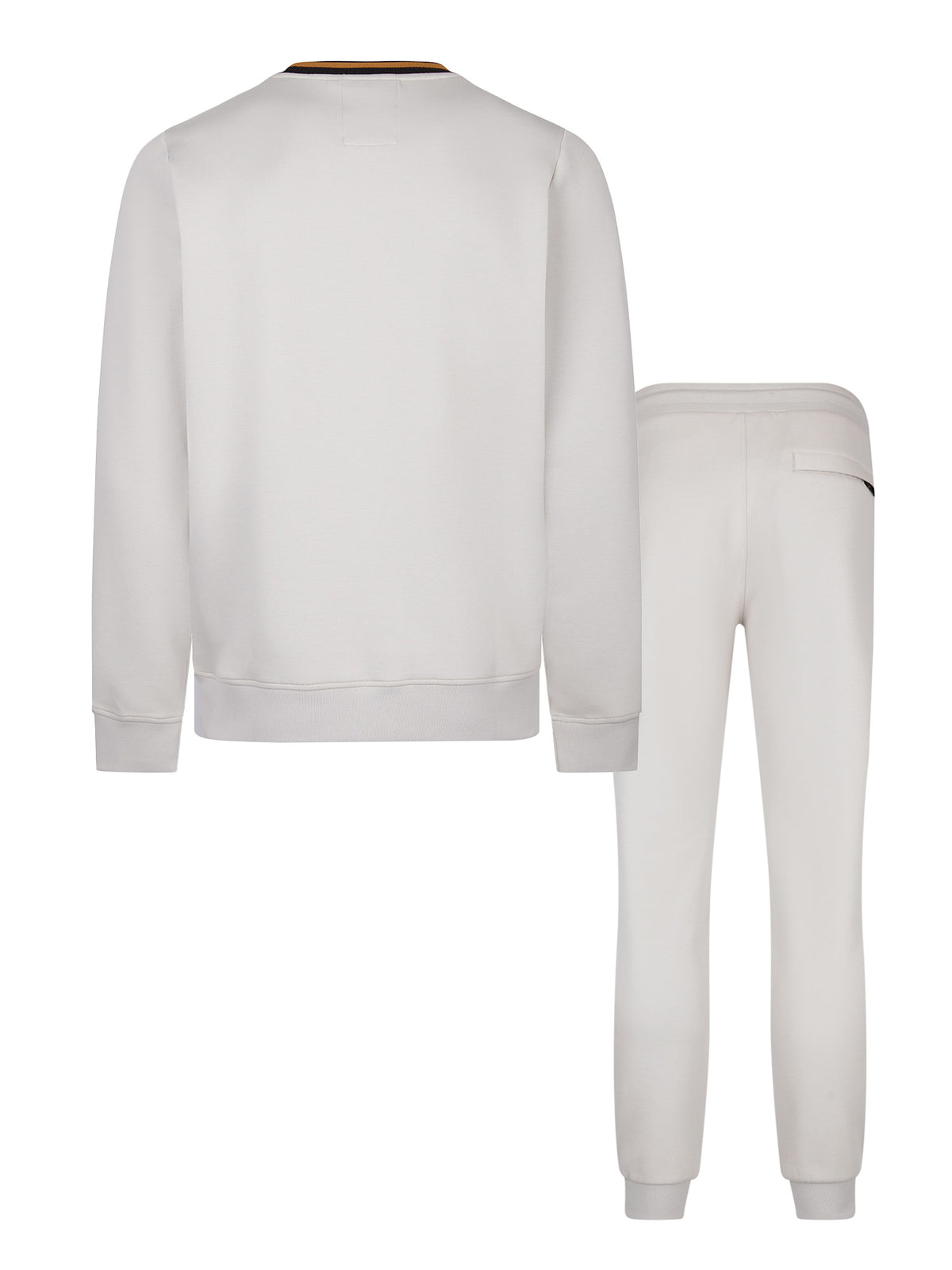 Men's grey tracksuit with sweatshirt and matching joggers, back view.