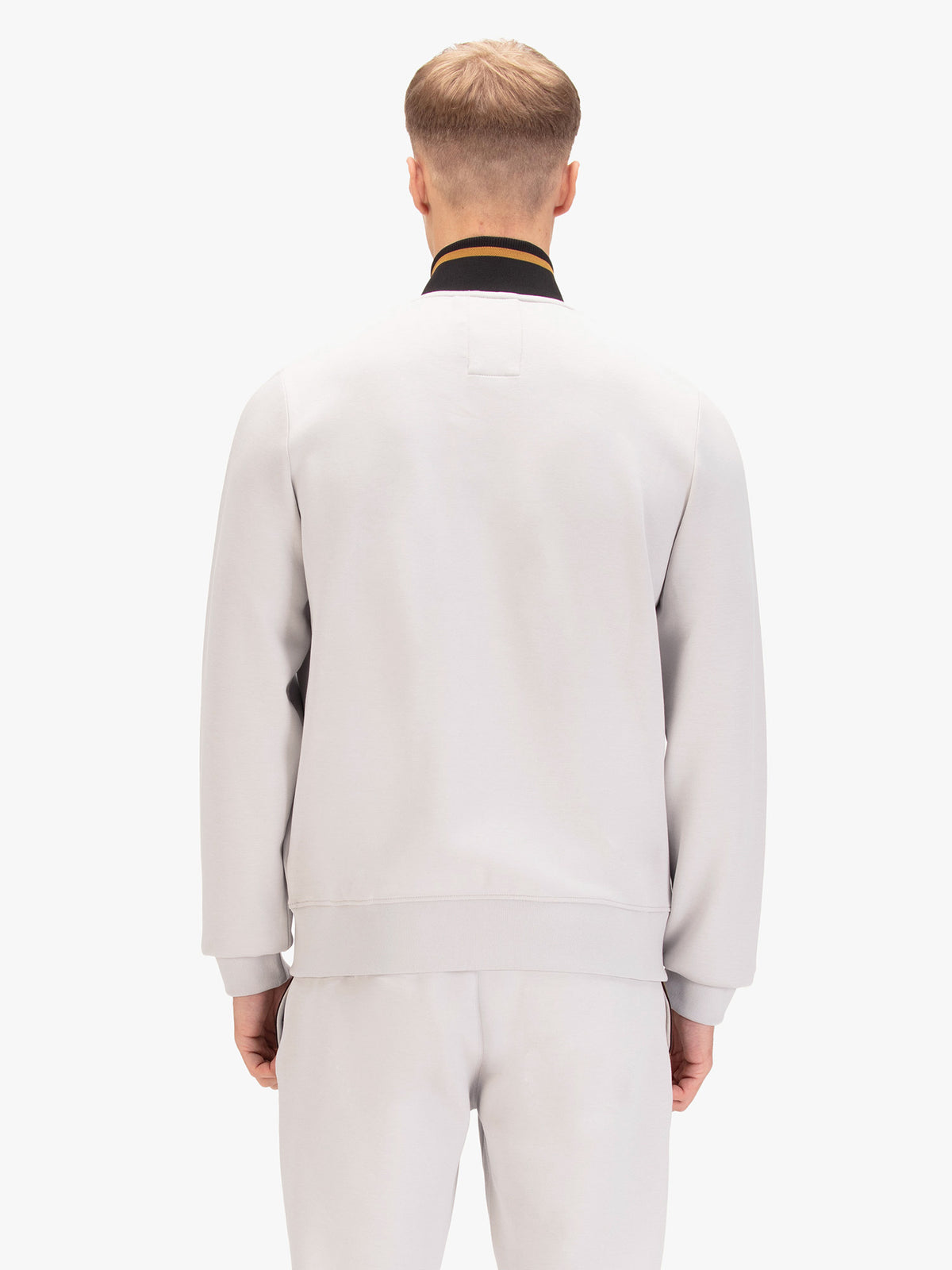 Men's grey sweatshirt with mock neck, worn by a model, back view