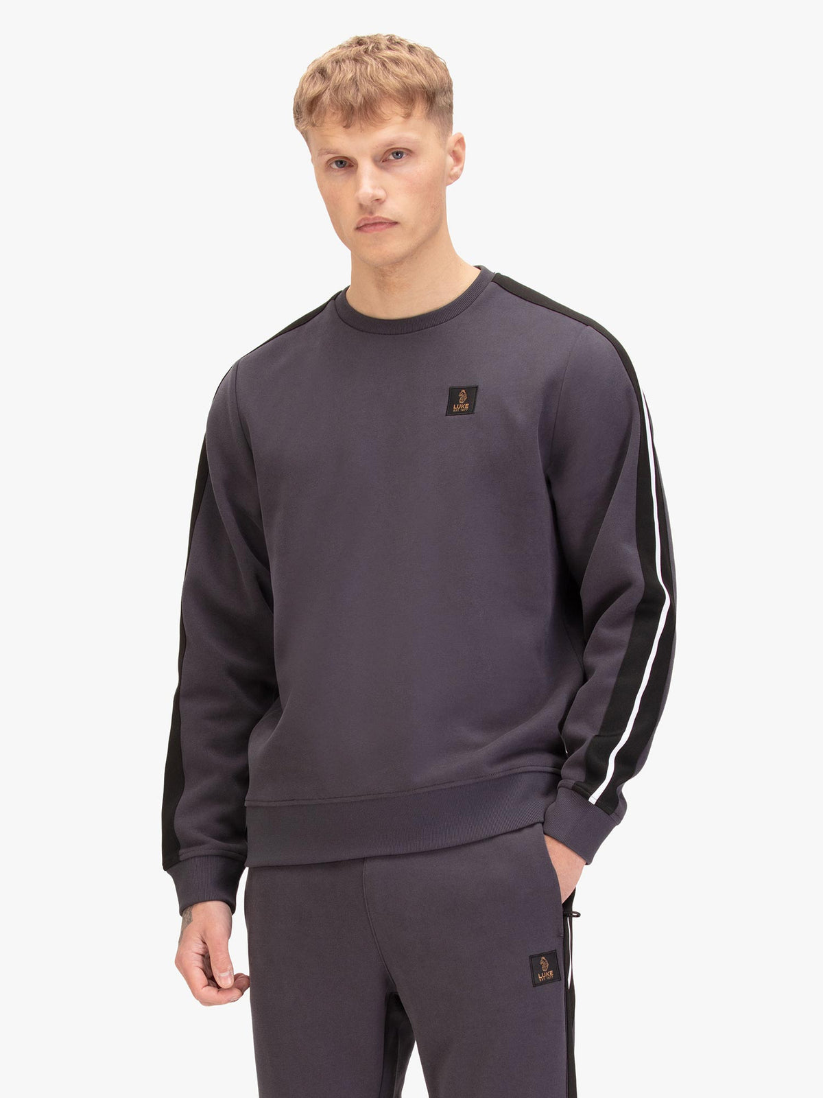 Men's grey sweatshirt with crew neck, front view