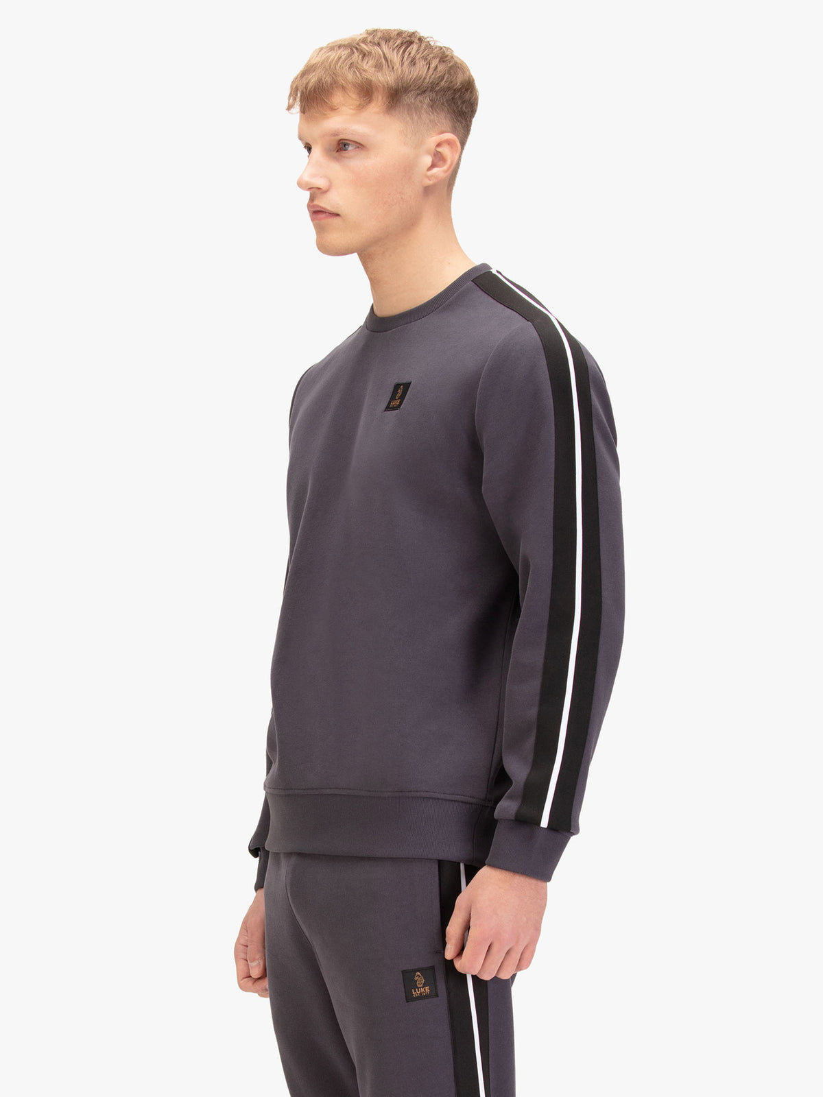 Men's grey sweatshirt with crew neck, back view