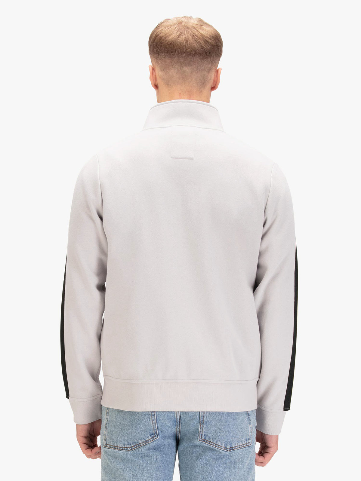 Men's grey sweatshirt with front pocket, worn by a model, back view
