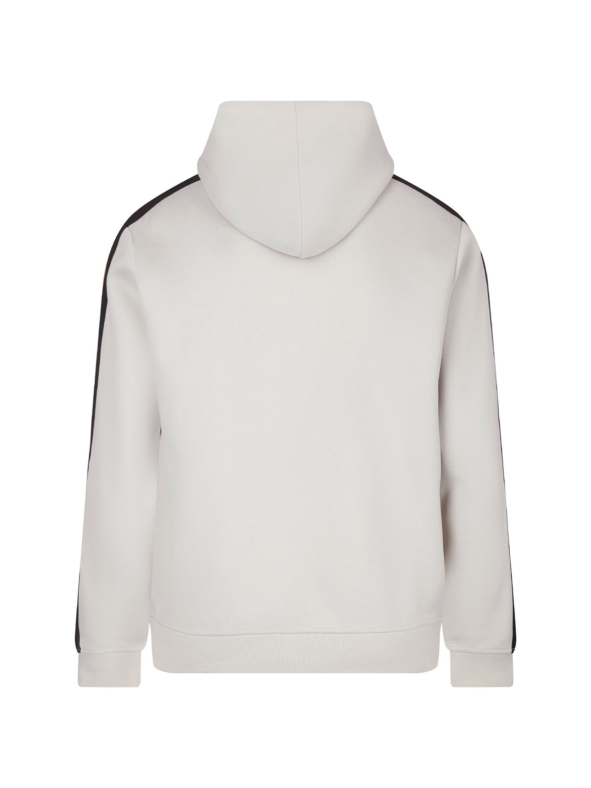 Men's grey hoodie with front pocket and drawstring hood, detail view