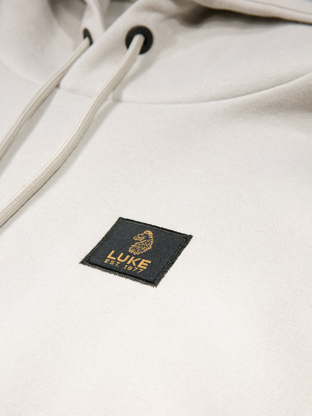 Men's grey hoodie with front pocket and drawstring hood, detail view 2
