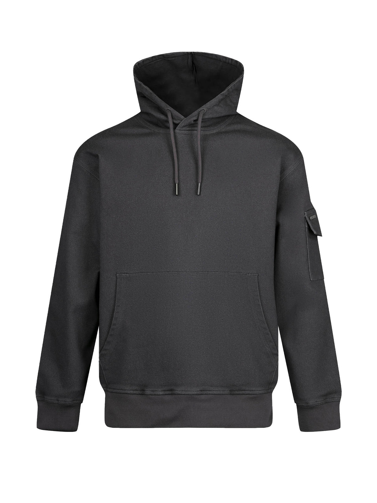Men's grey hoodie with front pocket and drawstring hood.