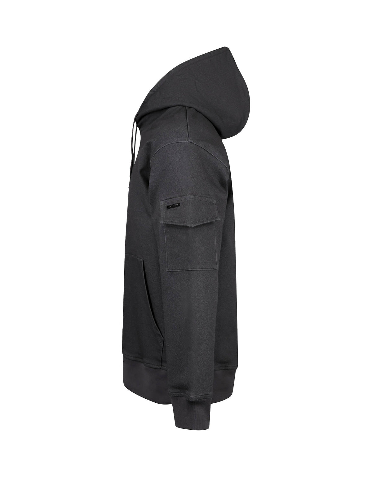 Men's grey hoodie with front pocket and drawstring hood.