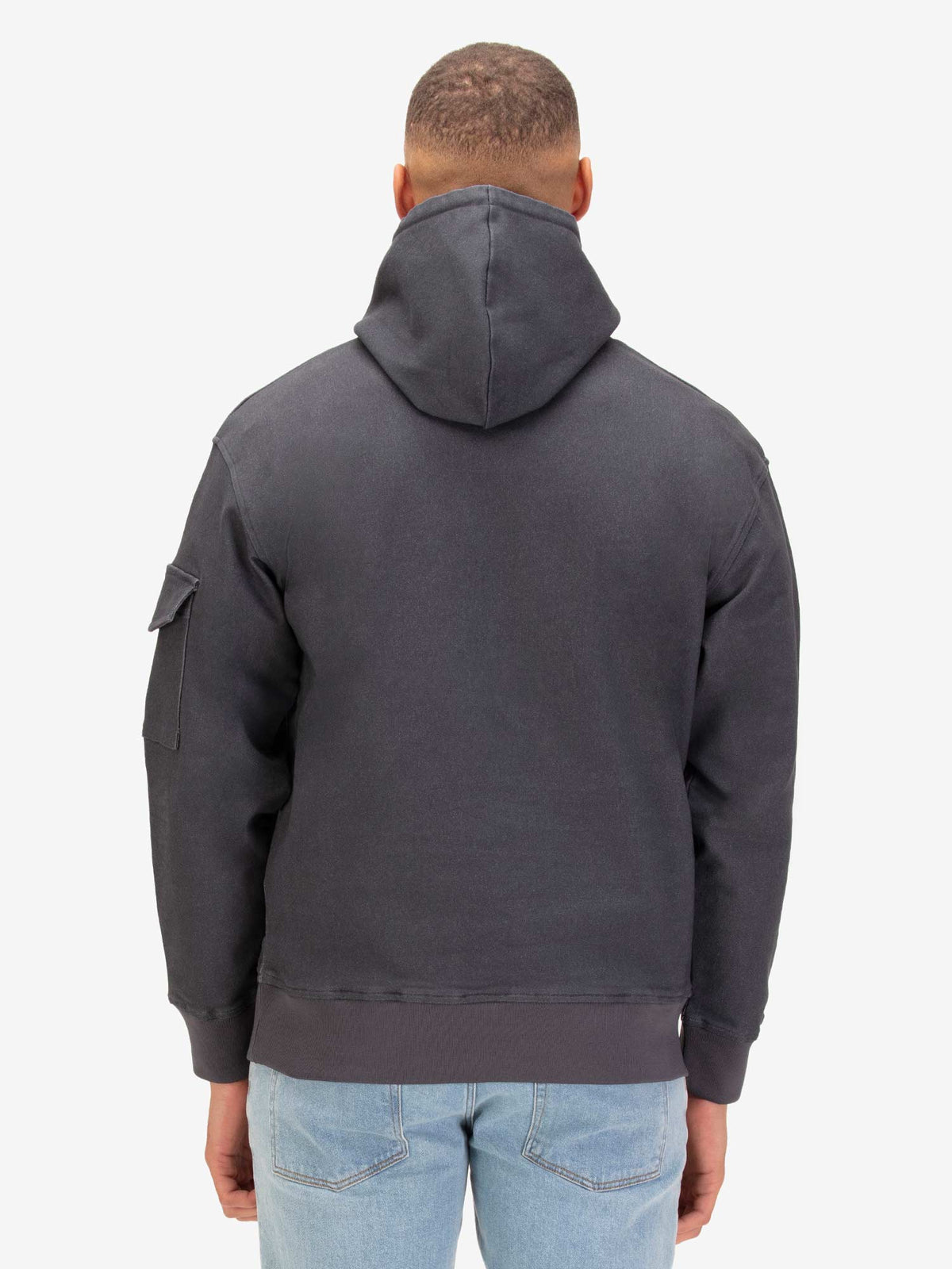 Men's grey hoodie with front pocket and drawstring hood.