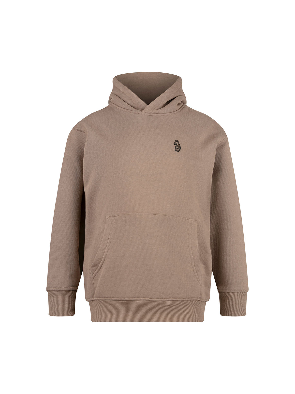 Boy's brown overhead hoodie with back print, front view