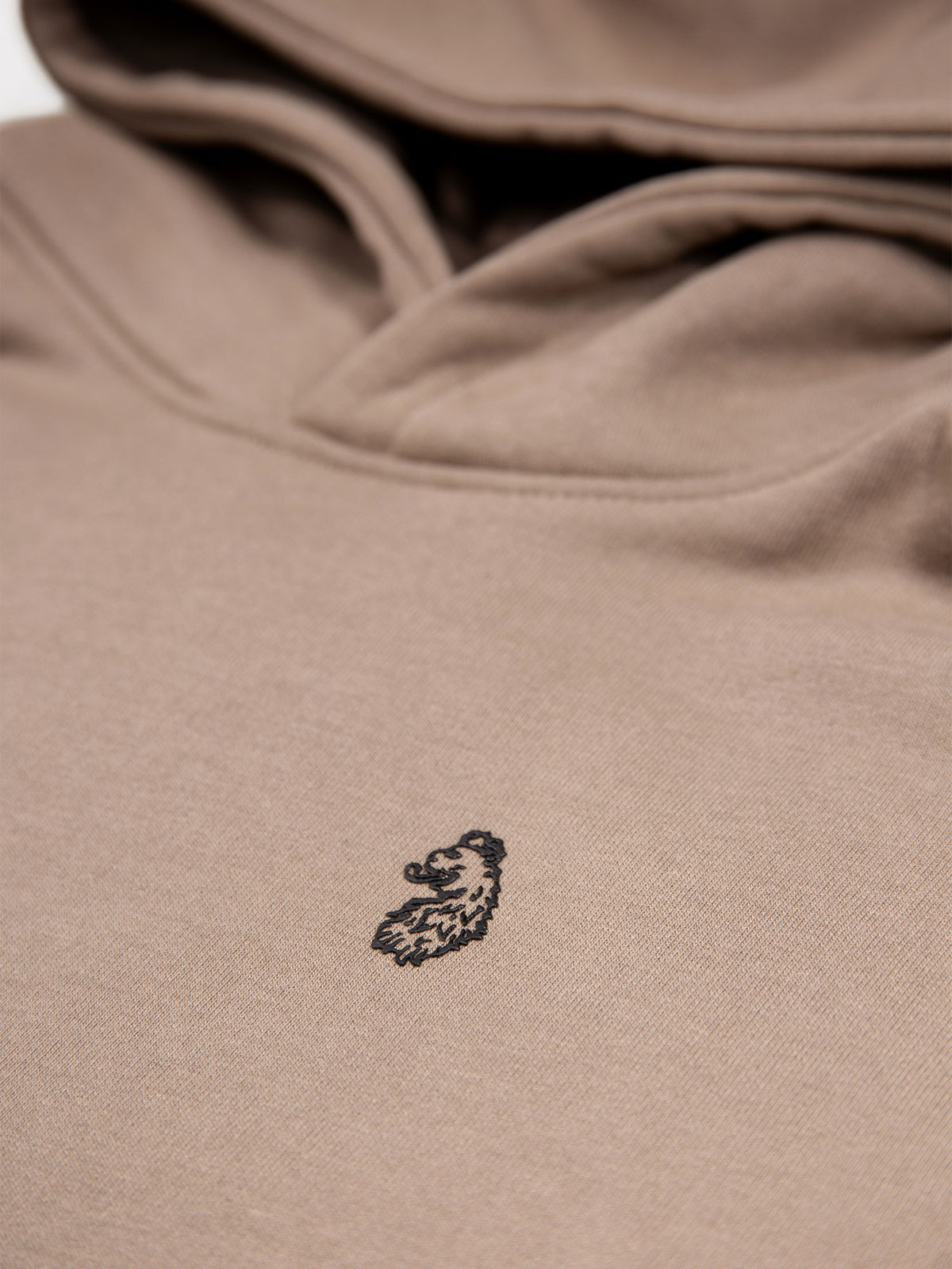 Boy's brown overhead hoodie with back print, lion motif detail view