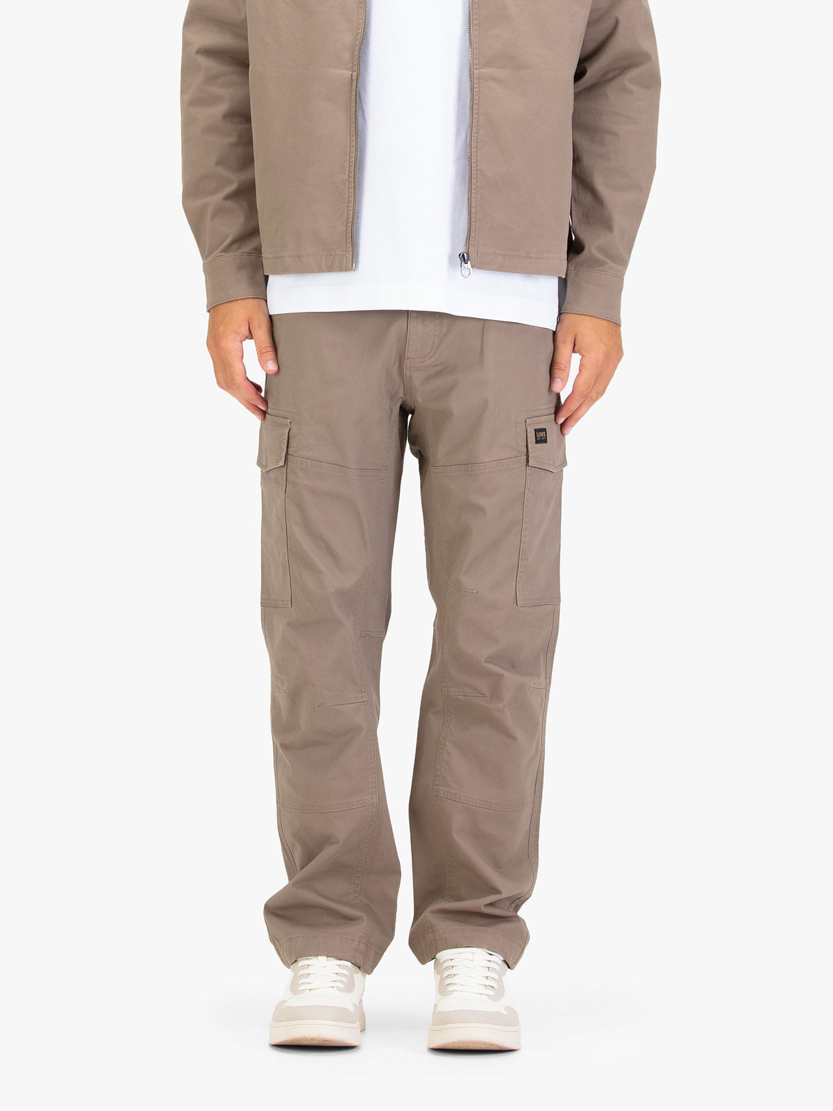 Man wearing Hardnut brown LUKE 1977 Relaxed Panama cotton twill cargo trousers, front view