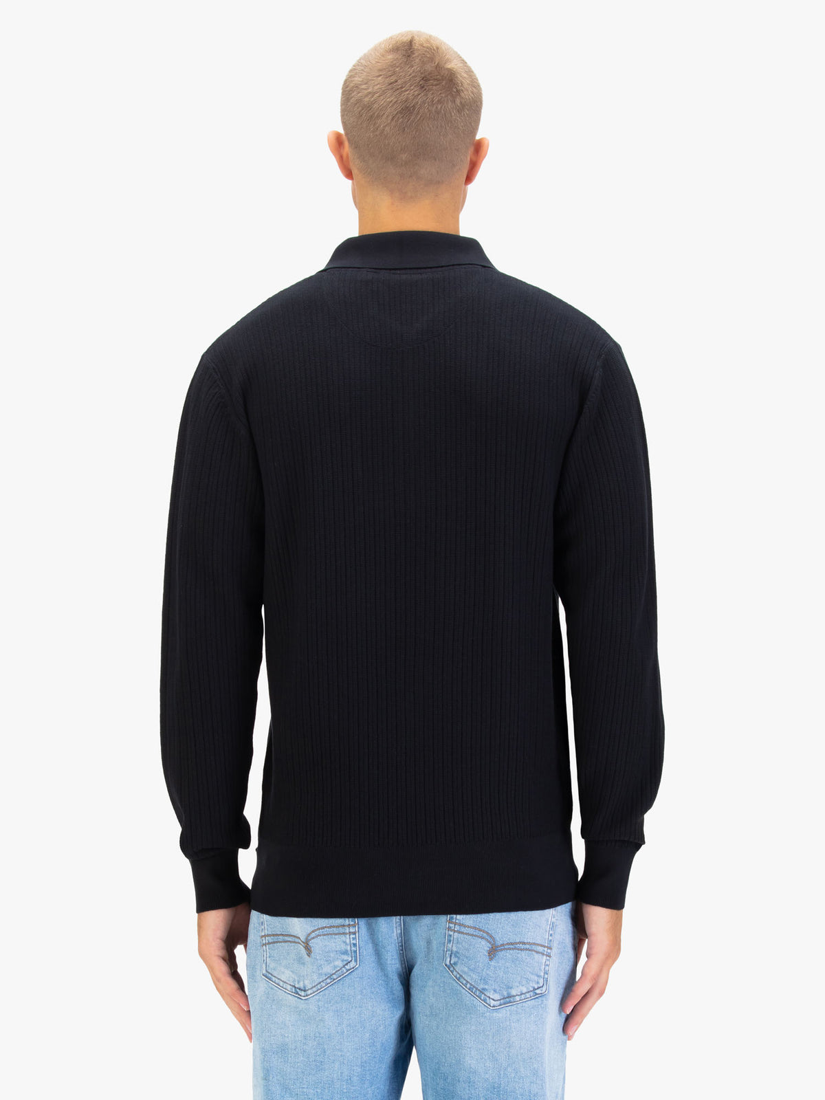 Back view of black LUKE 1977 Lifton quarter zip knit worn by model