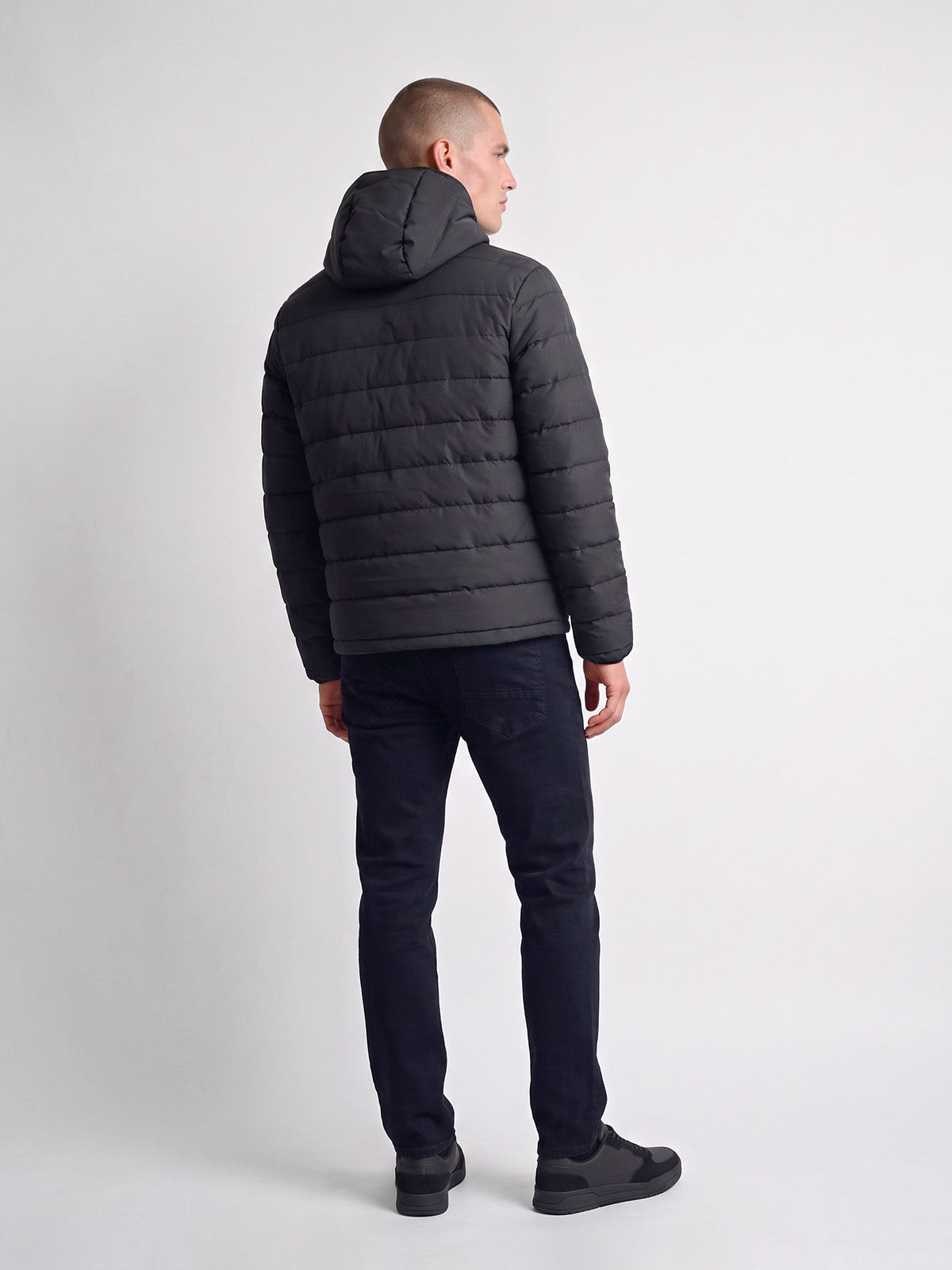 Back view of black LUKE 1977 Mayor Of Cantoria hooded jacket worn by model