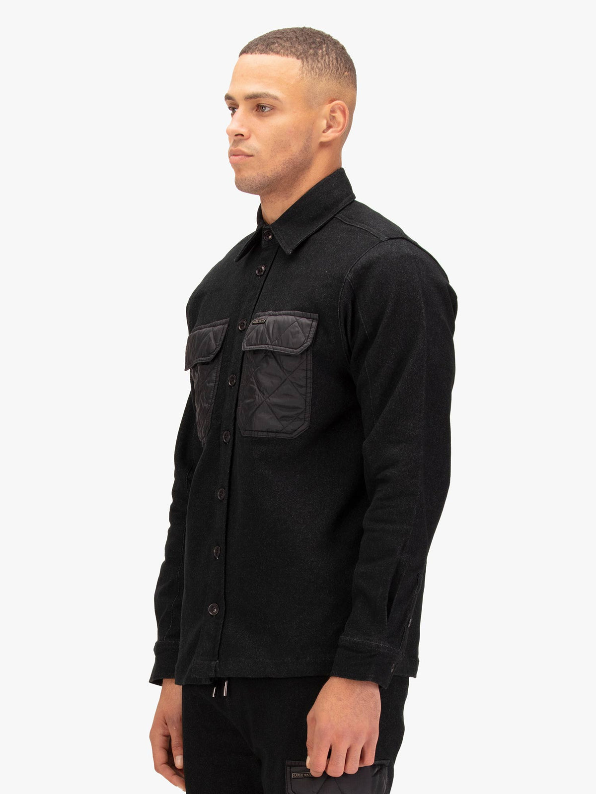 Down Long Sleeve Shirt With Quilted Pocket - Black