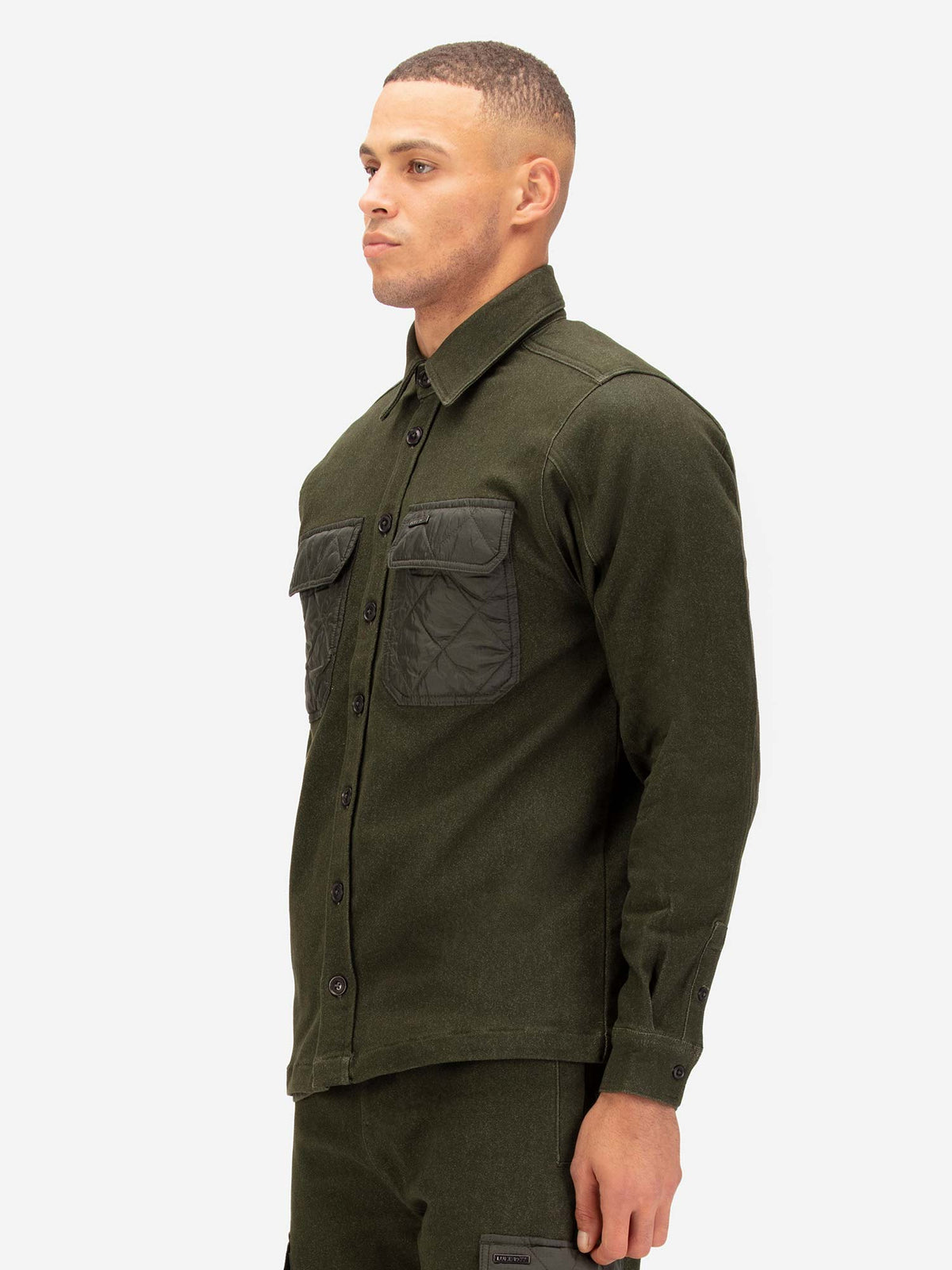 Down Long Sleeve Shirt With Quilted Pocket - Dark Green