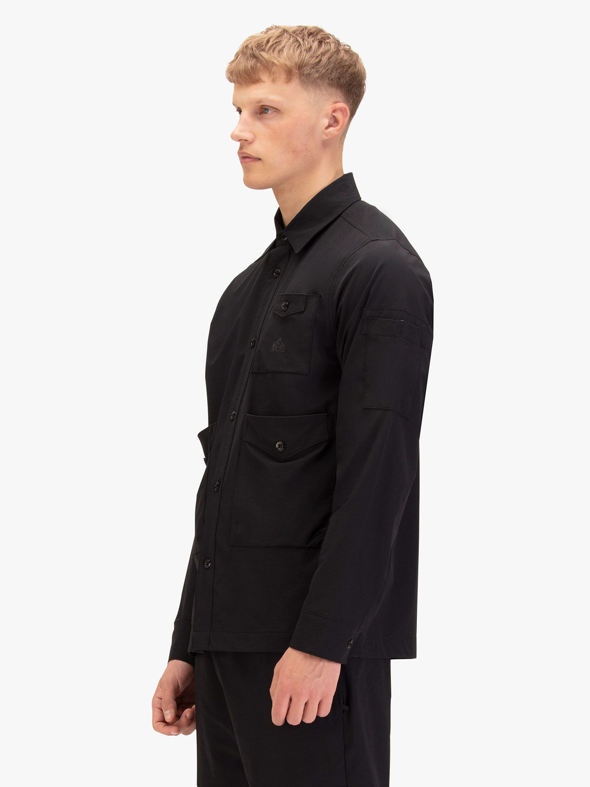 Men's black shirt with button-up front.