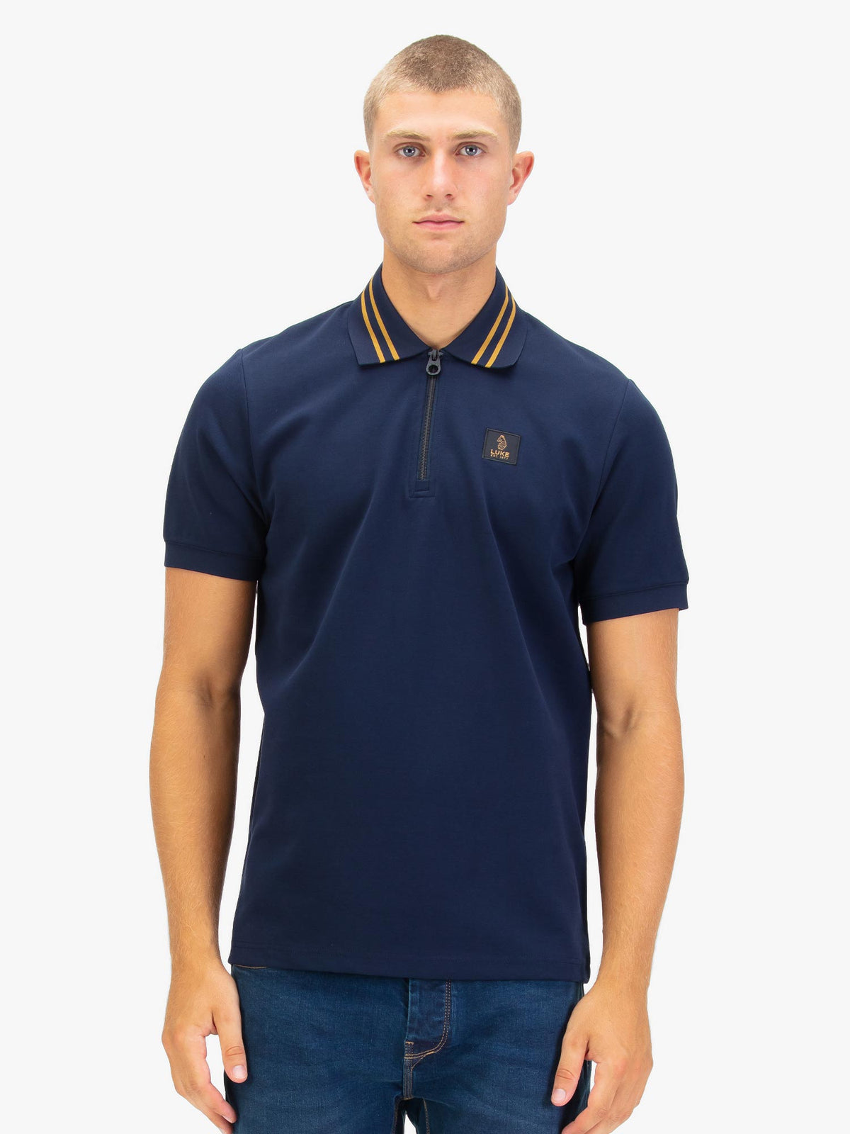 Men's navy polo shirt with polo collar.