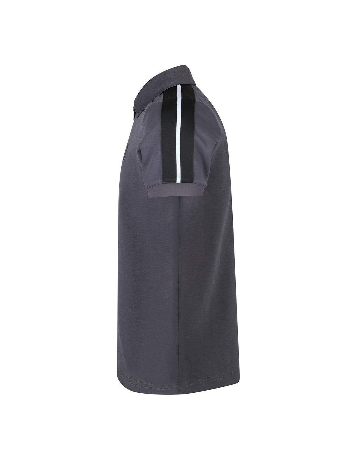 Men's grey polo shirt with polo collar, side view