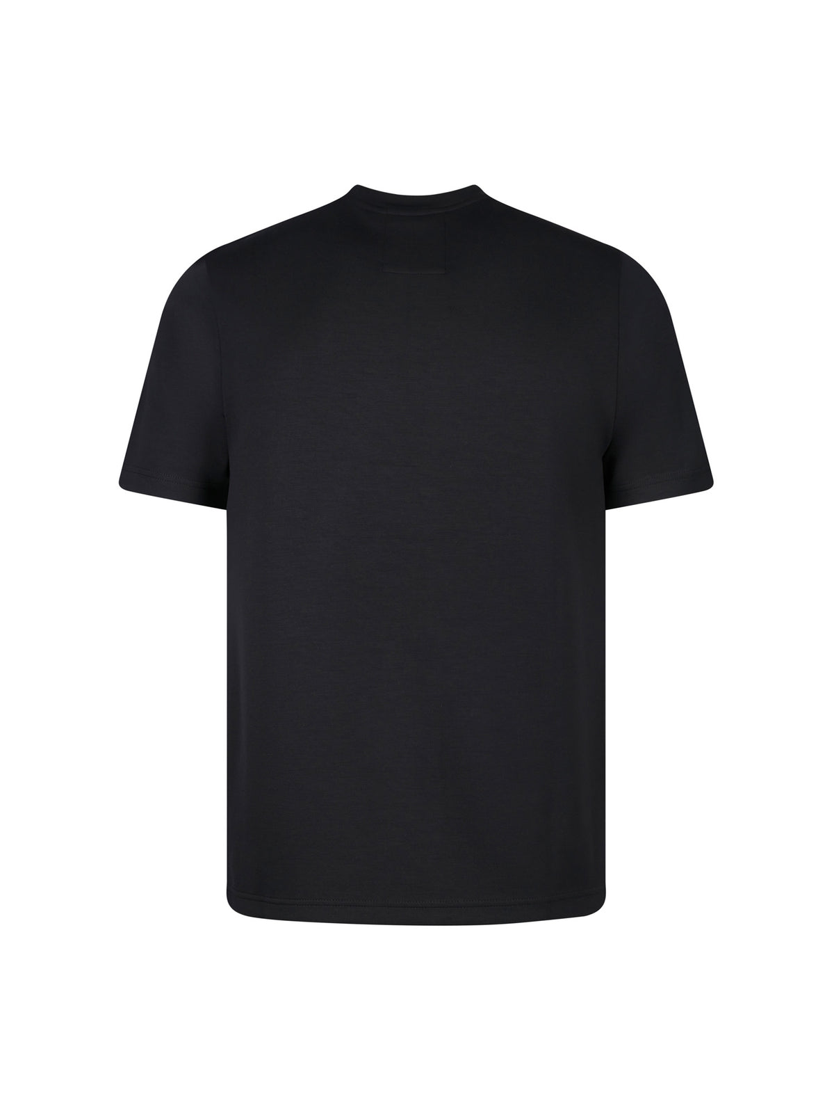 Men's black t-shirt with crew neck and short sleeves, back view