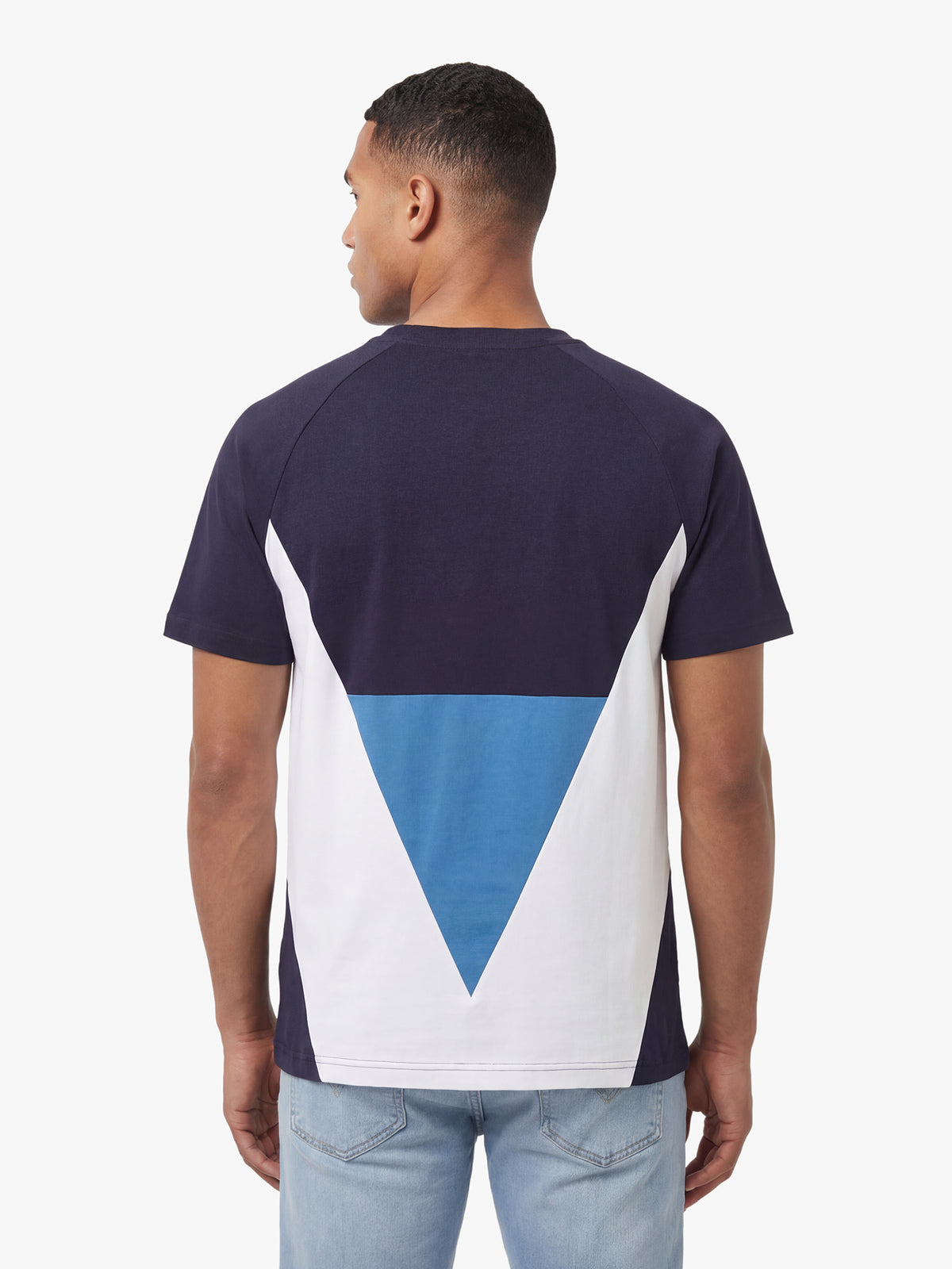 Men's relaxed-fit navy t-shirt with crew neck and short sleeves, back view