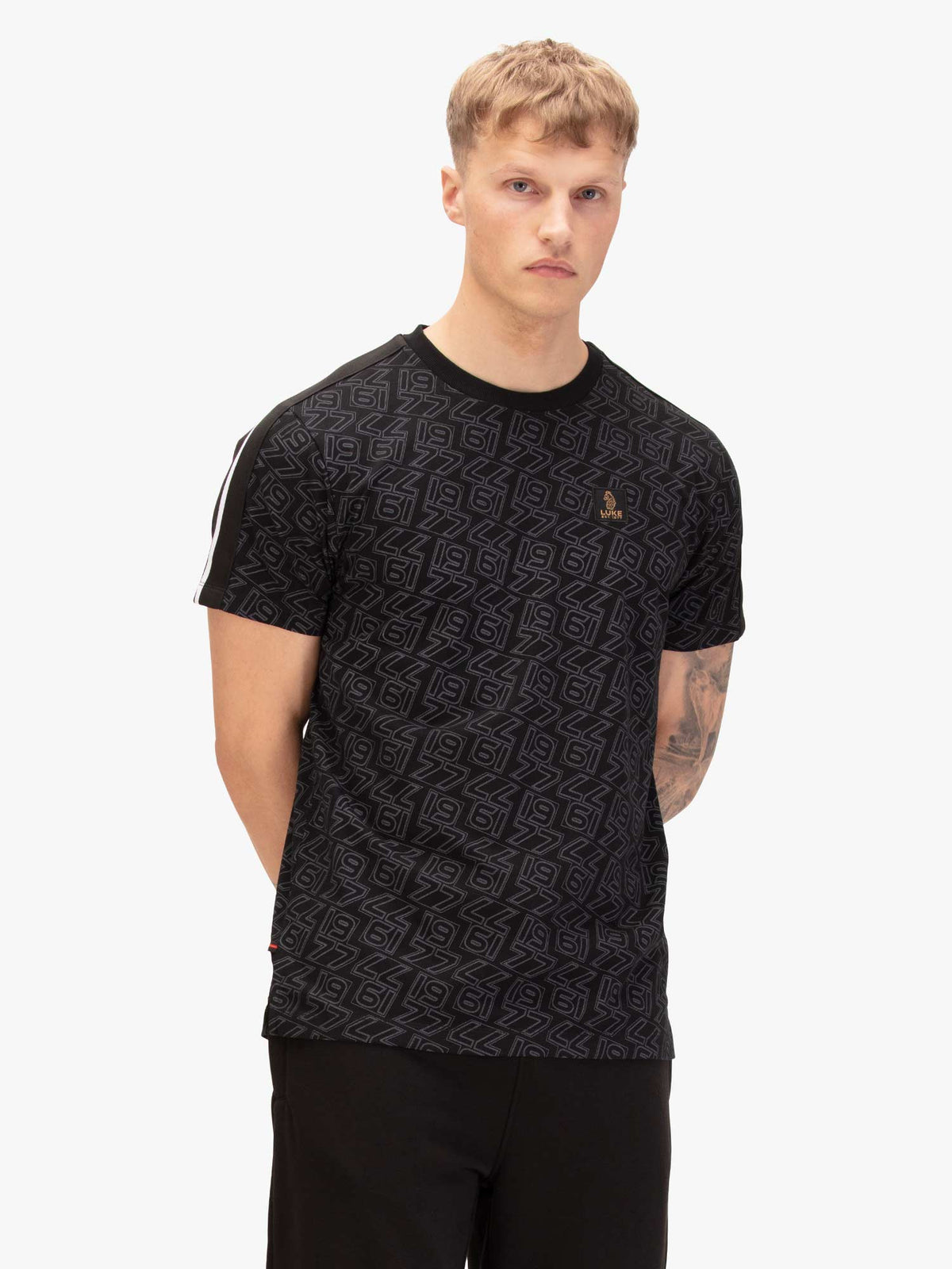 Men's black t-shirt with crew neck and short sleeves, front view
