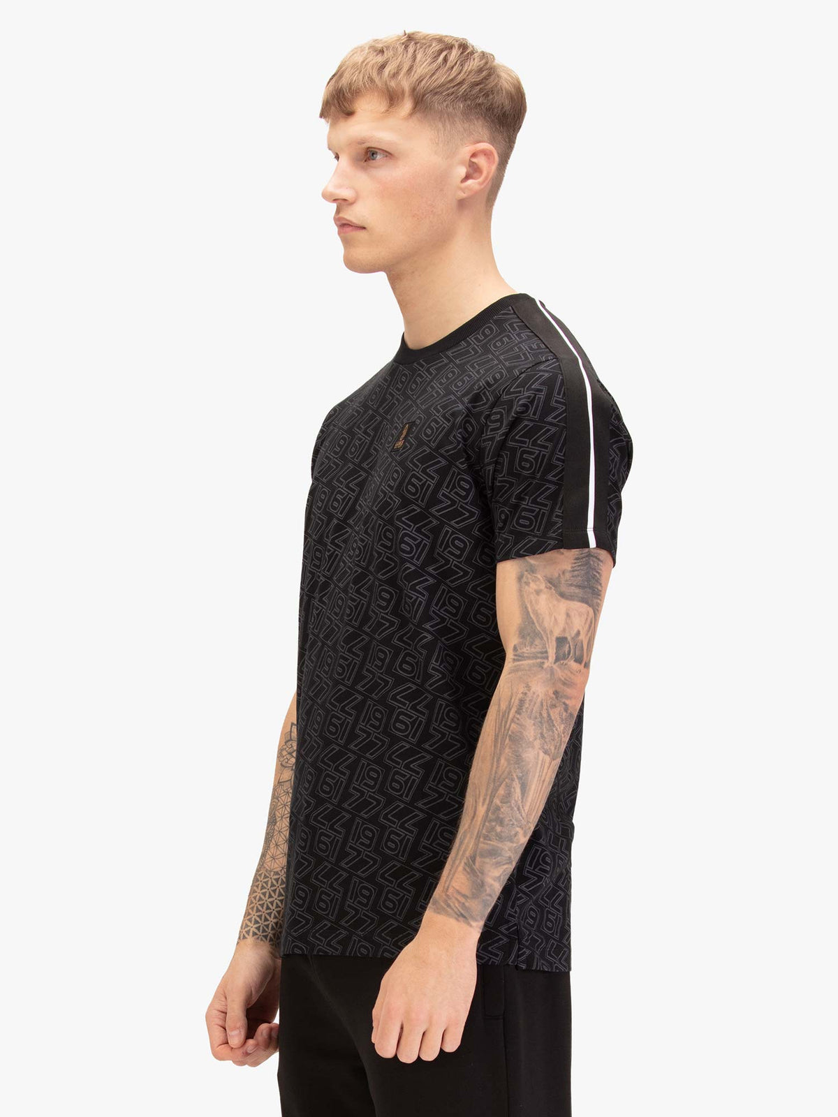 Men's black t-shirt with crew neck and short sleeves, back view