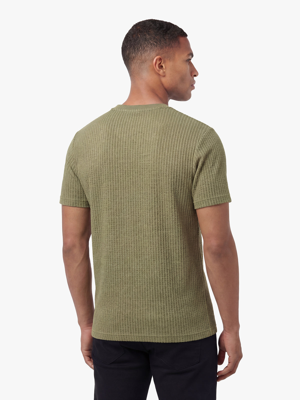 Men's green t-shirt with crew neck and short sleeves, back view