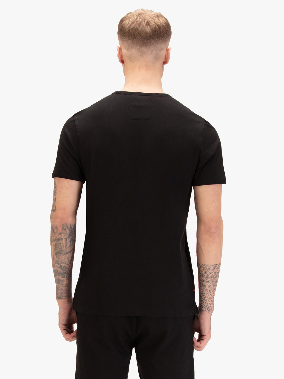 Men's black t-shirt with crew neck and short sleeves, worn by a model, back view