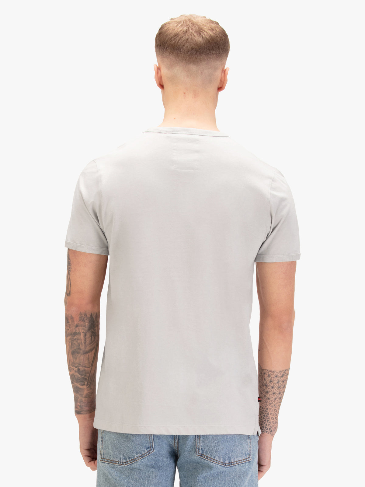 Men's grey t-shirt with crew neck and short sleeves, worn by a model, back view