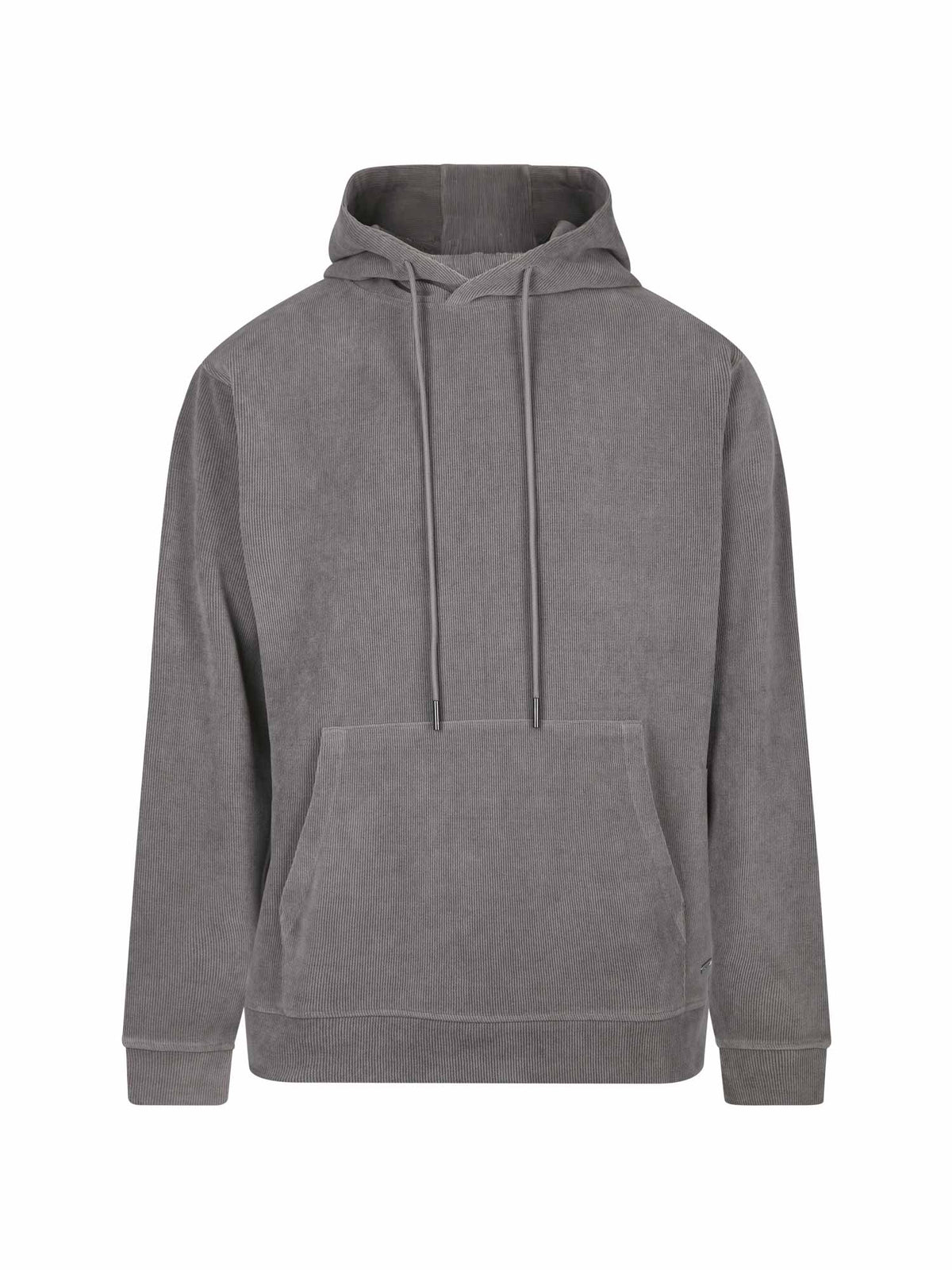 Men's relaxed-fit grey hoodie with front pocket and drawstring hood, front view