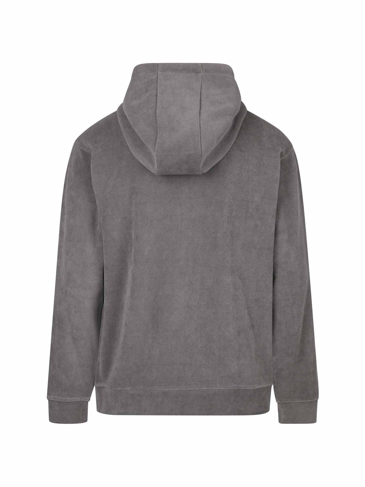 Men's relaxed-fit grey hoodie with front pocket and drawstring hood, back view