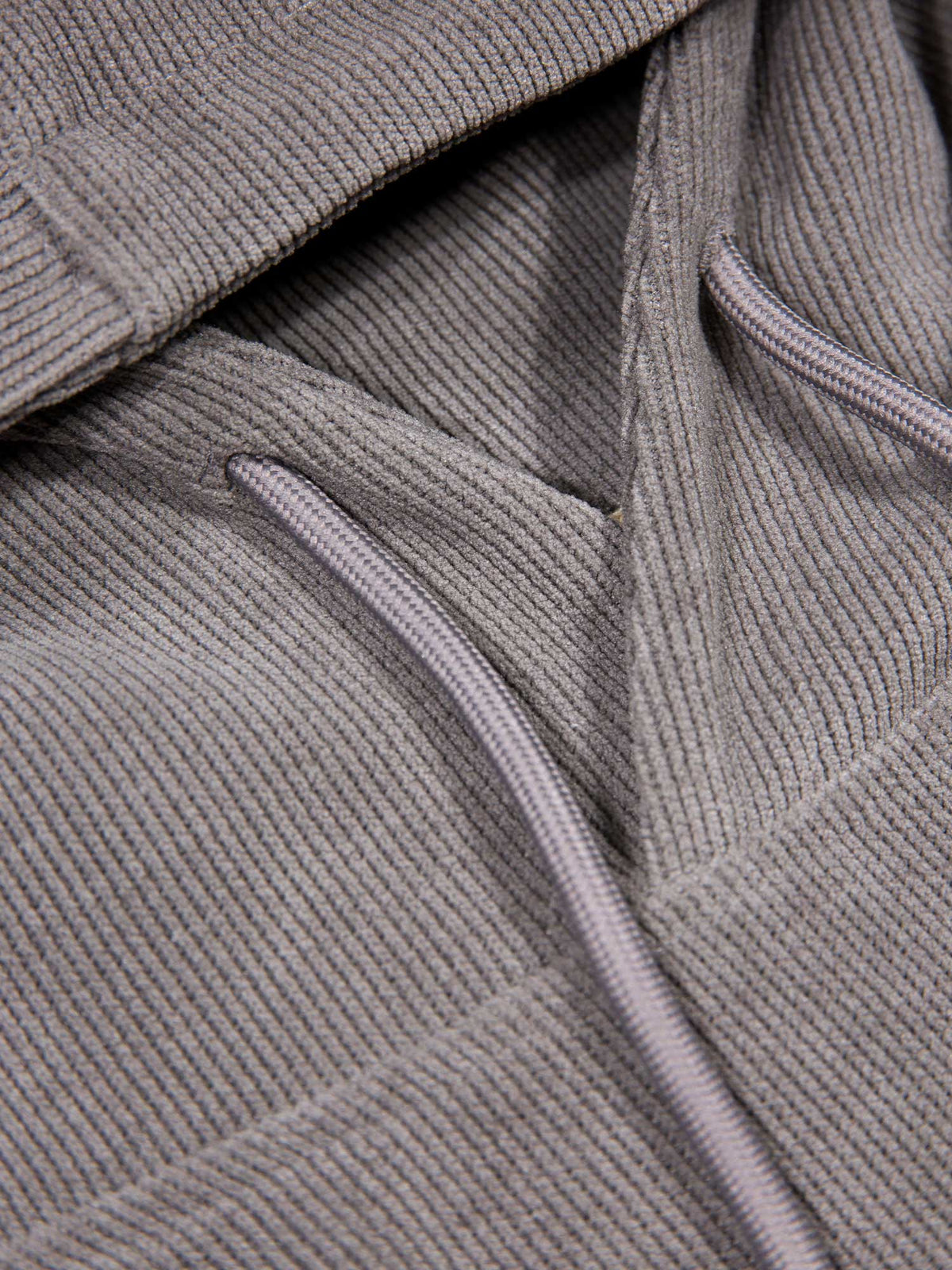 Men's relaxed-fit grey hoodie with front pocket and drawstring hood, detail view 1