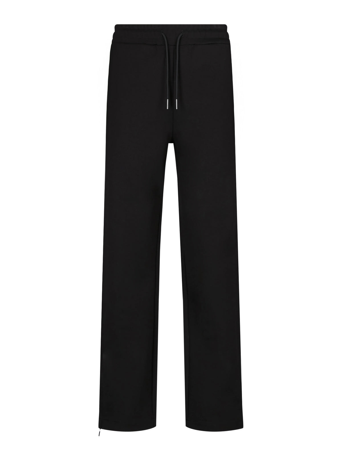 Men's straight-leg black joggers with drawstring waistband, front view