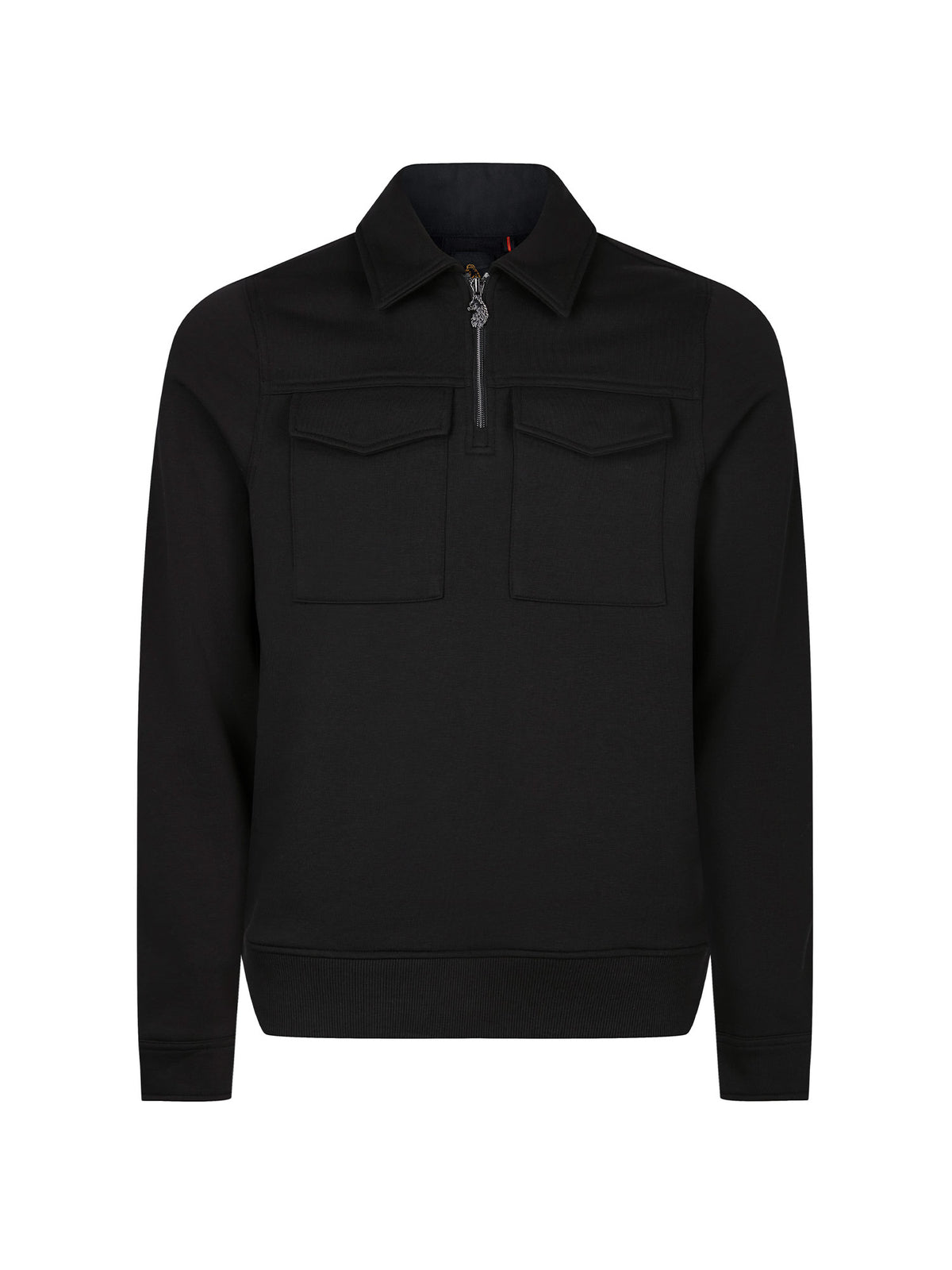 Men's slim-fit black sweatshirt with quarter-zip neck and chest pocket, front view