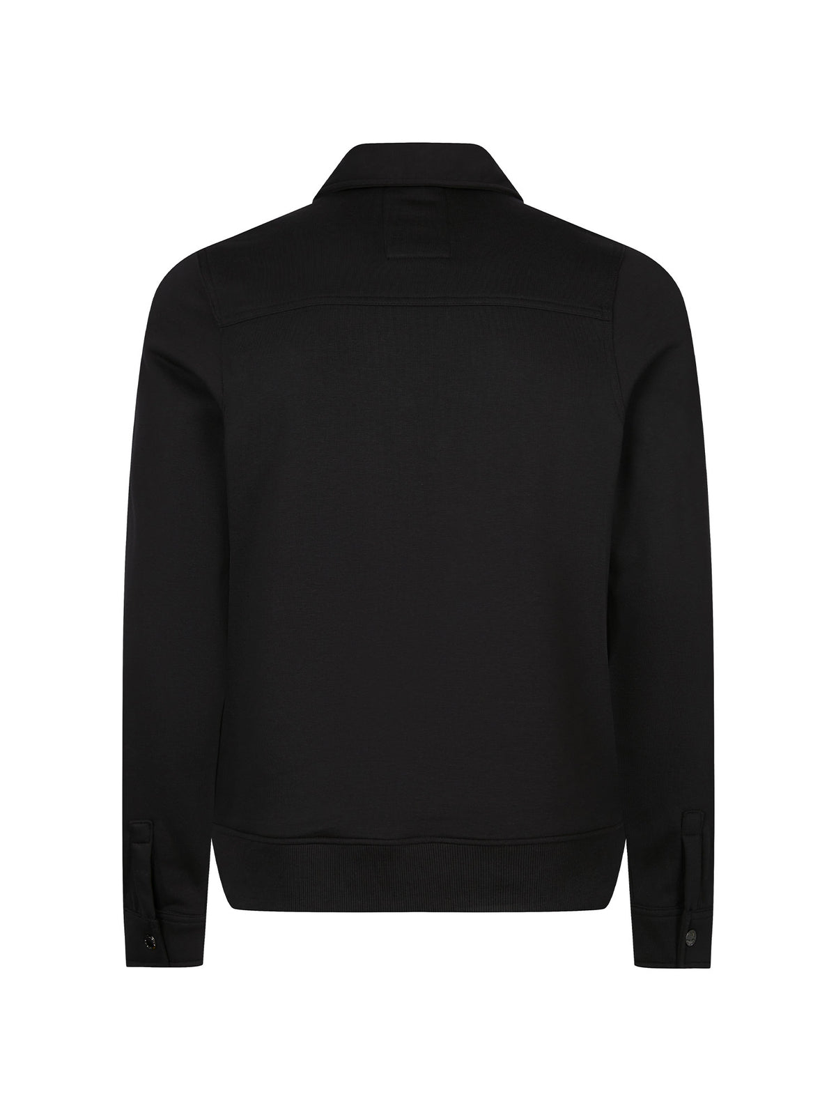 Men's slim-fit black sweatshirt with quarter-zip neck and chest pocket, side view