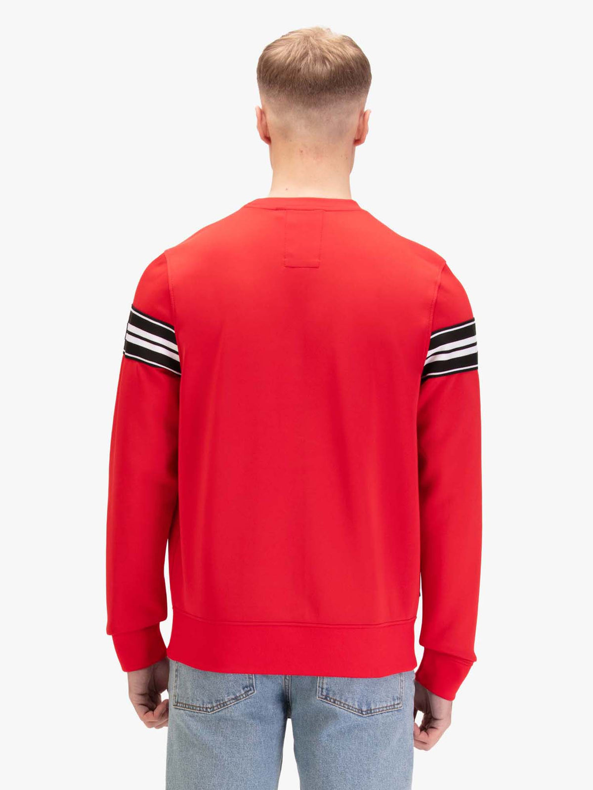 Back view of red LUKE 1977 Noel tricot sweatshirt with striped sleeve tape