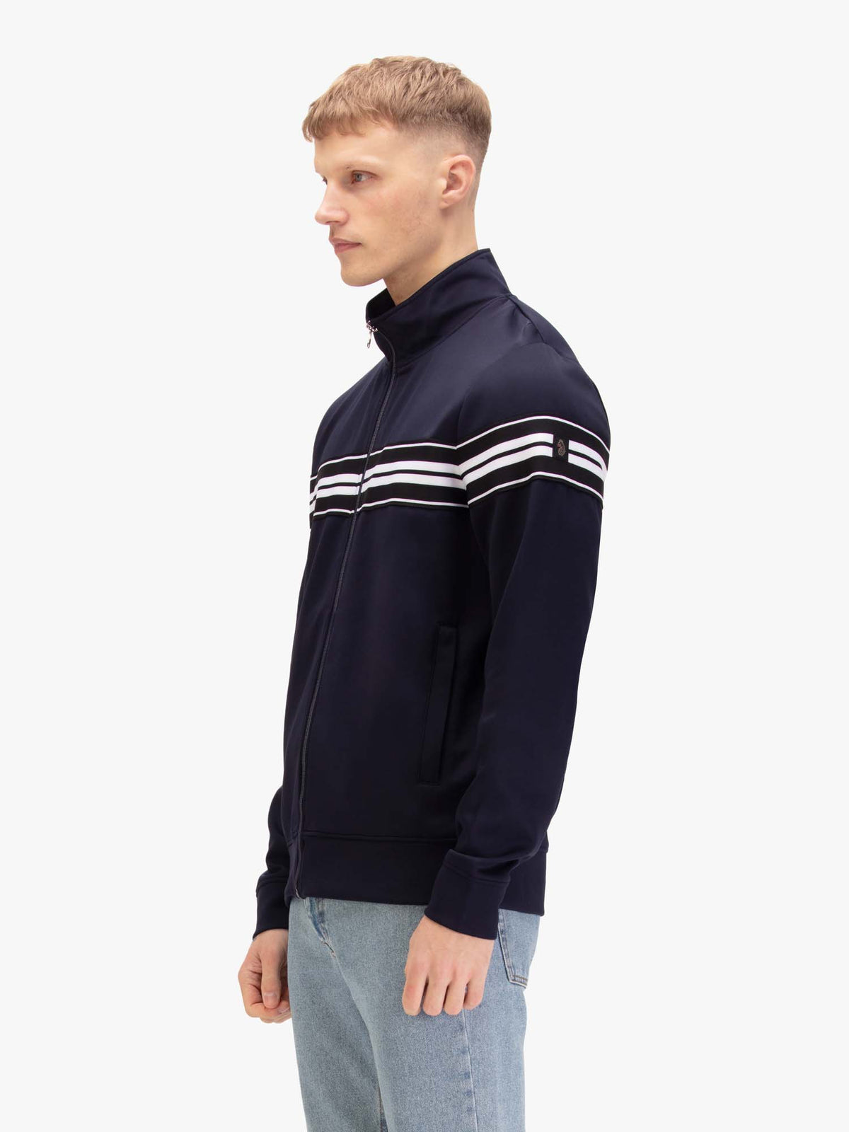 Men's navy sweatshirt with mock neck, worn by a model, side view