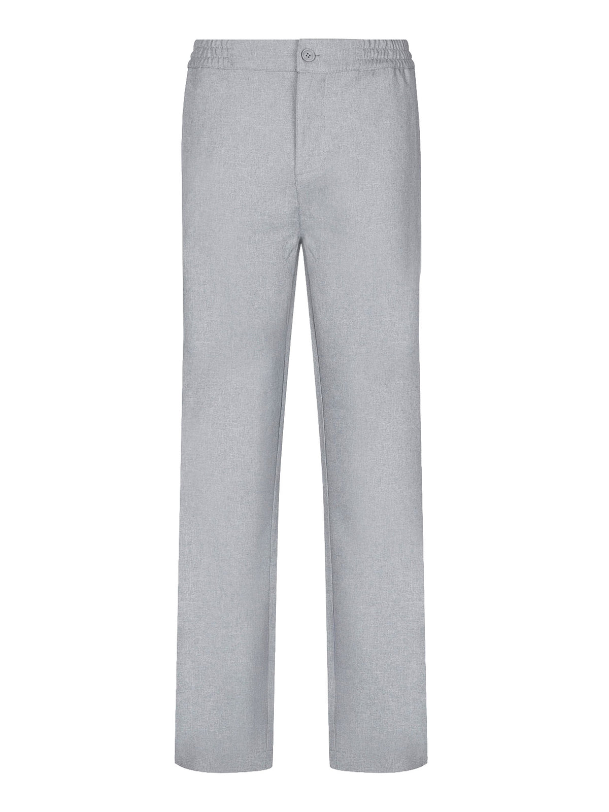 Men's straight-leg grey trousers with elasticated waistband, front view