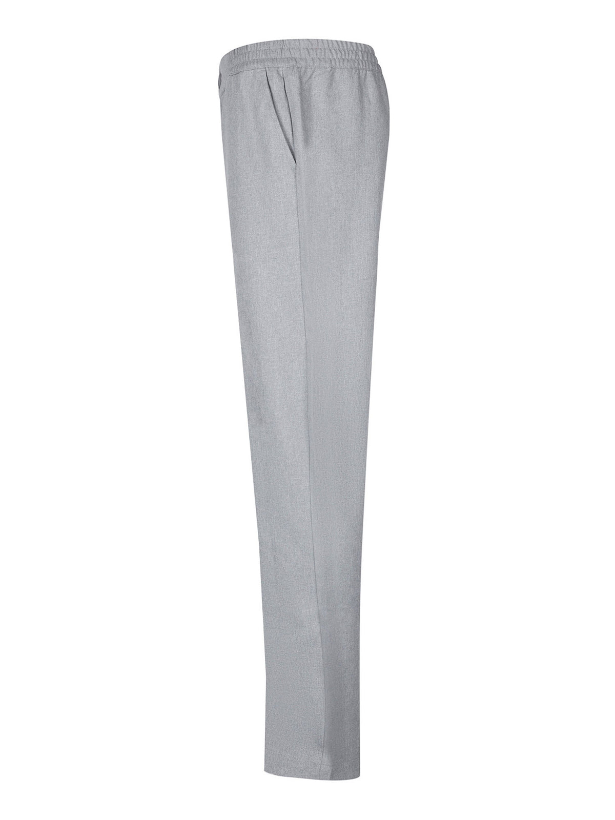 Men's straight-leg grey trousers with elasticated waistband, side view