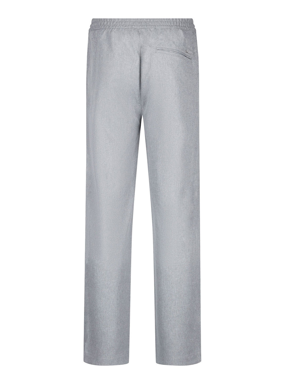 Men's straight-leg grey trousers with elasticated waistband, back view
