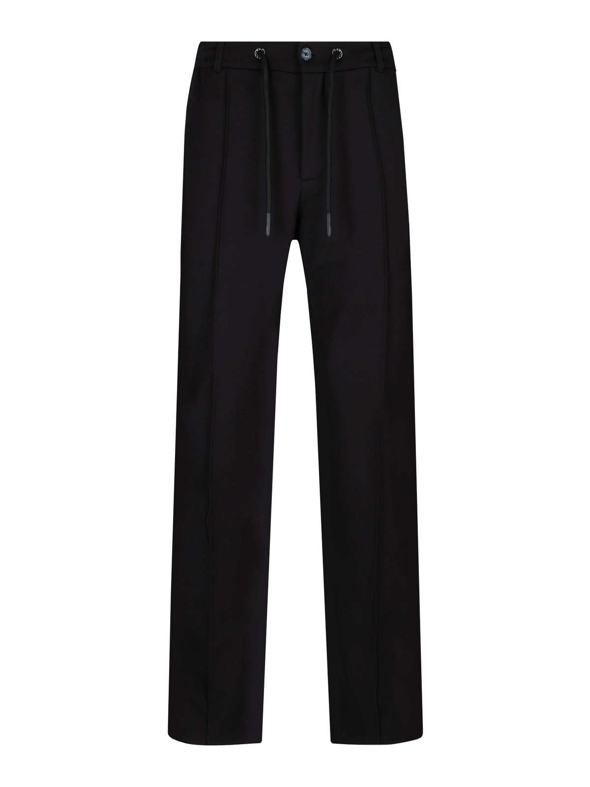 Men's black trousers with drawstring waistband, front view