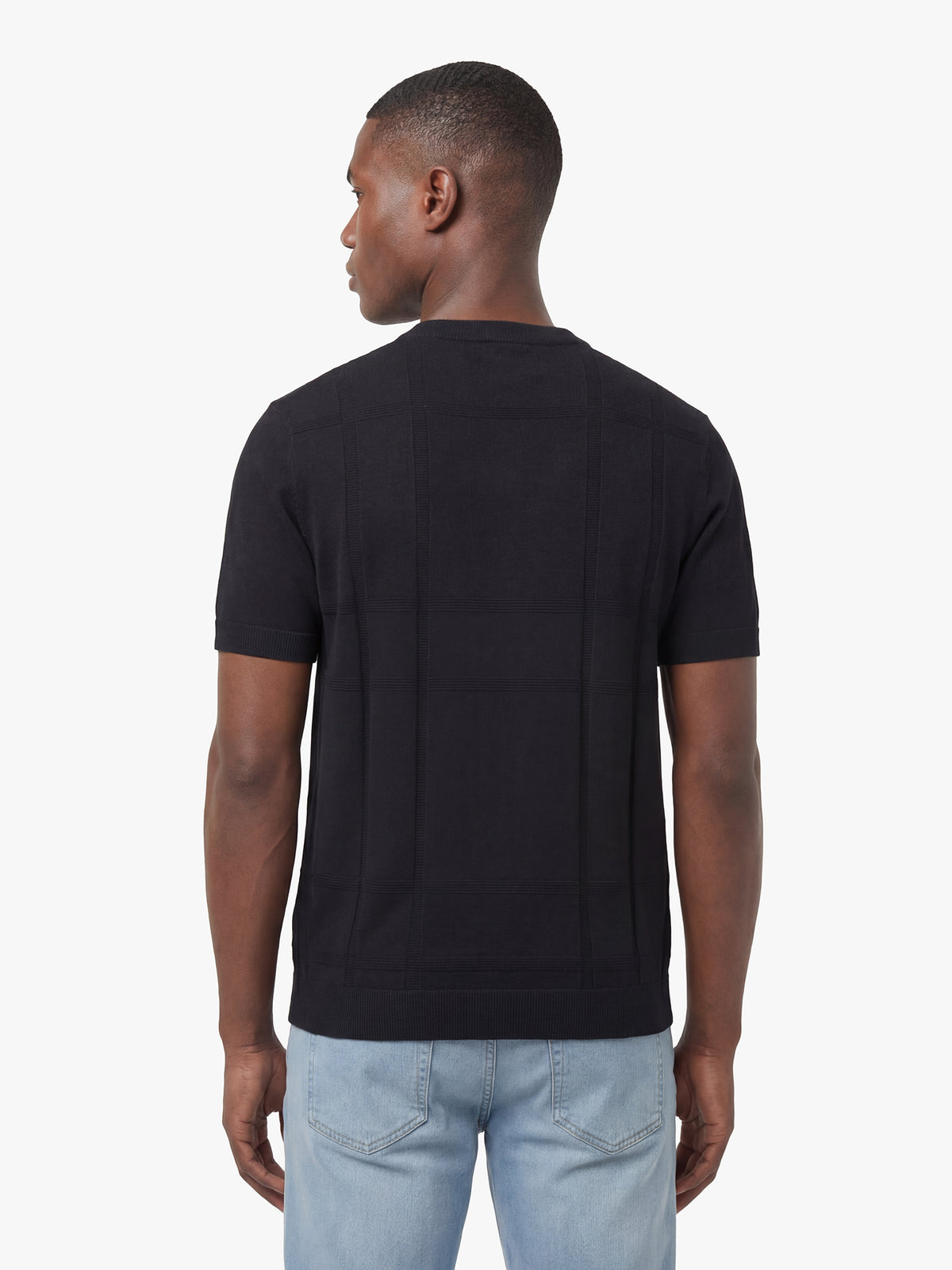 Men's black jumper with crew neck, back view