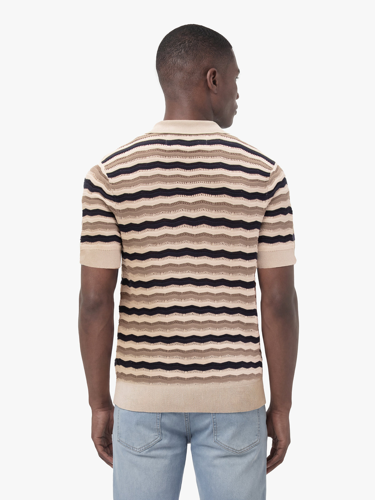 Men's navy jumper with half-zip neck, back view