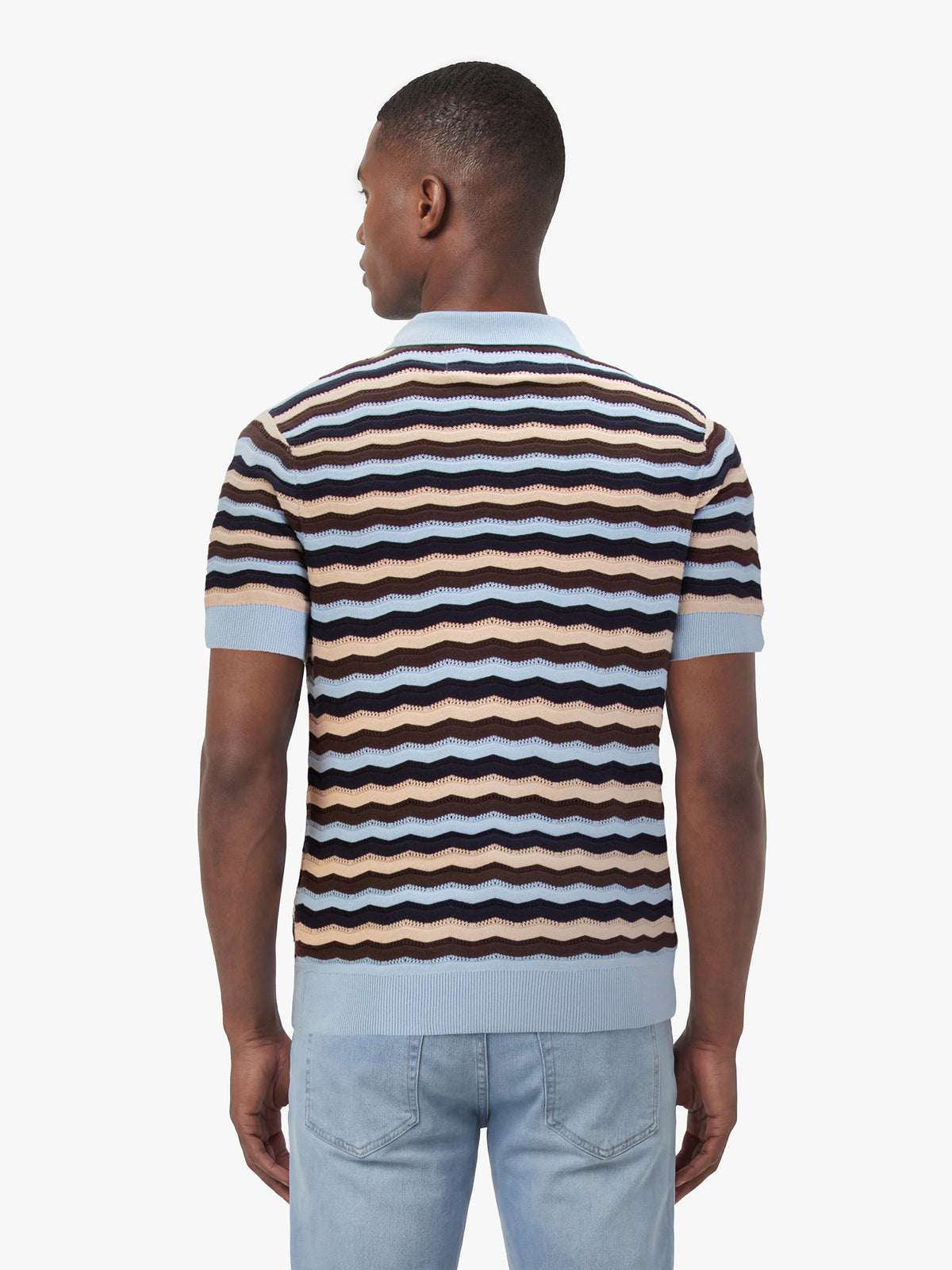 Men's blue jumper with half-zip neck, back view