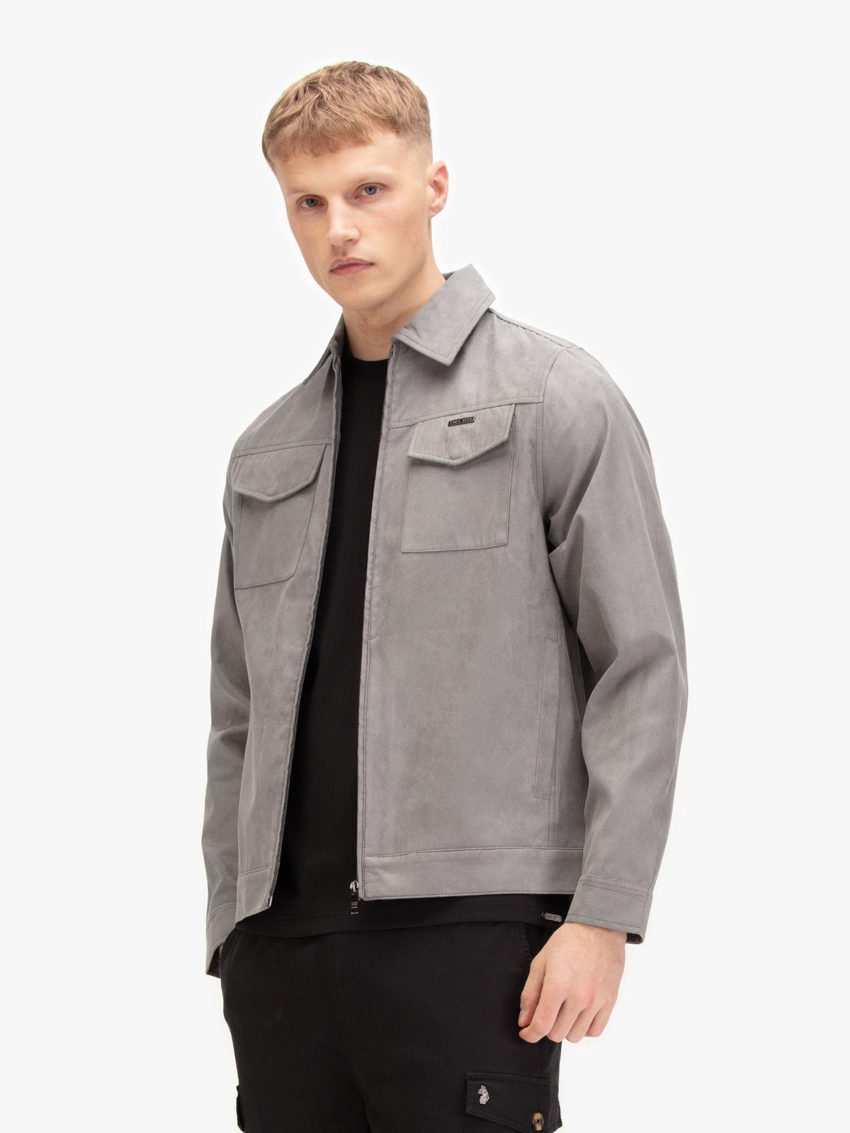 Men's grey jacket with zip-up front and front pocket, worn by a model, front view
