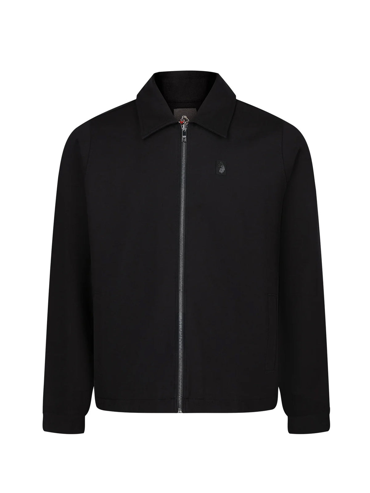 Men's black jacket with snap-button front and front pocket, front view