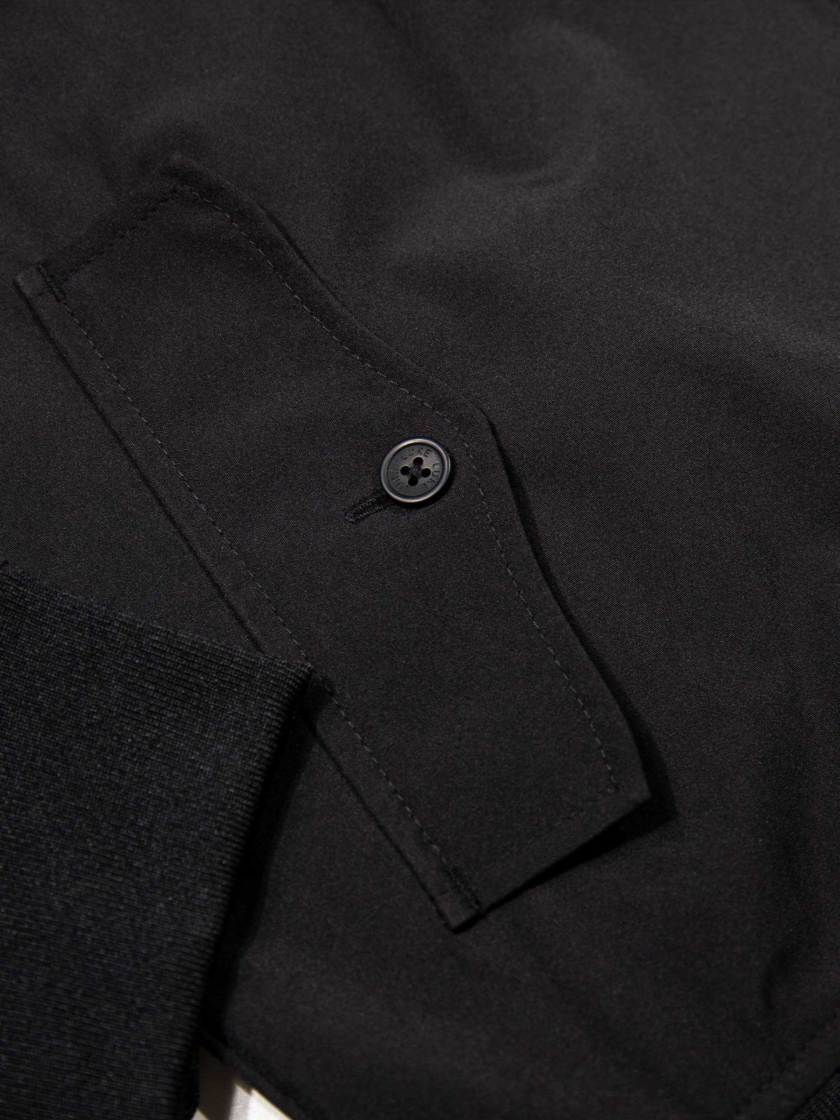 Men's black jacket with zip-up front and front pocket, detail view 4